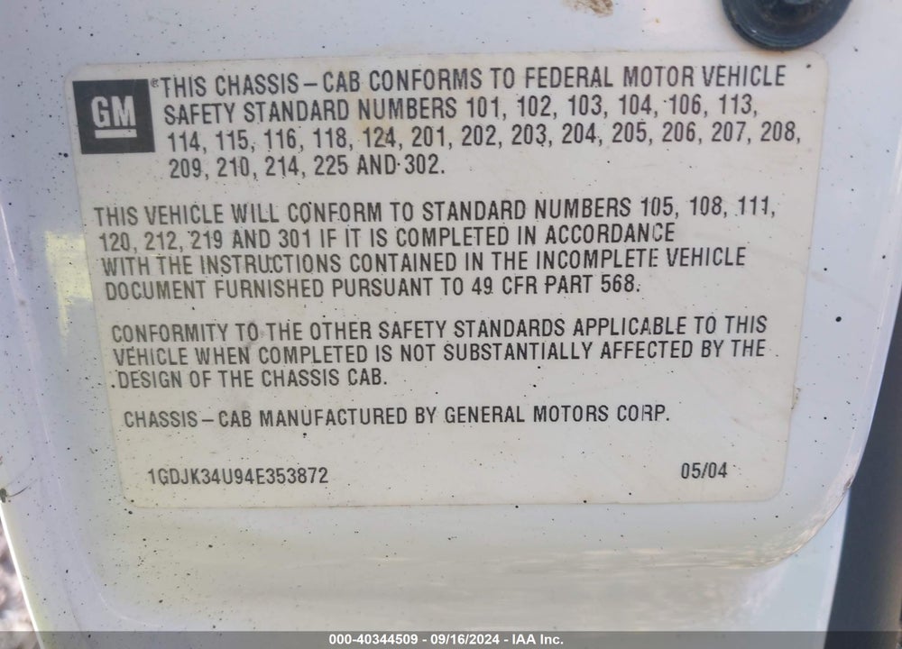 2004 GMC SIERRA 3500 CHASSIS VIN: 1GDJK34U94E353872