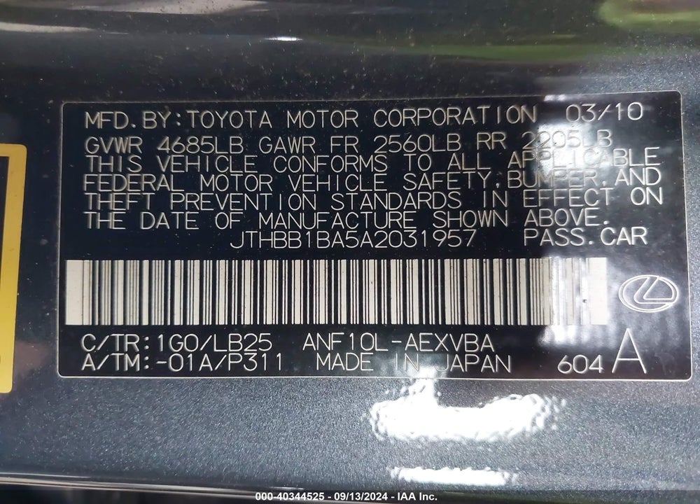 2010 LEXUS HS 250H VIN: JTHBB1BA5A2031957