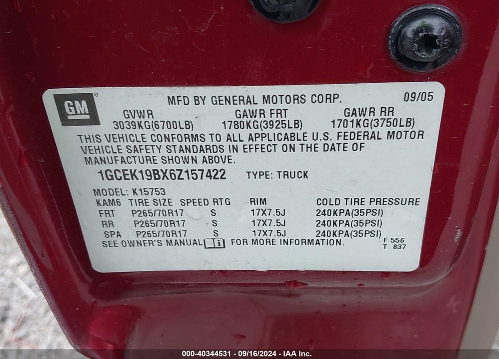2006 CHEVROLET SILVERADO 1500 LT2 VIN: 1GCEK19BX6Z157422