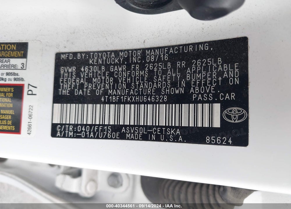 2017 TOYOTA CAMRY SE VIN: 4T1BF1FKXHU646328