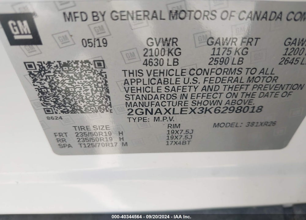 2019 CHEVROLET EQUINOX LT VIN: 2GNAXLEX3K6298018