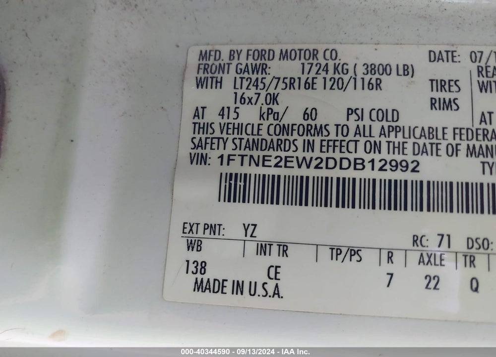 2013 FORD E-250 COMMERCIAL VIN: 1FTNE2EW2DDB12992