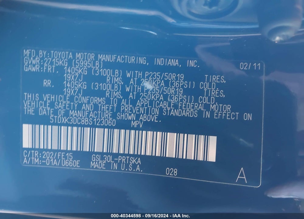 2011 TOYOTA SIENNA SE VIN: 5TDXK3DC8BS123060