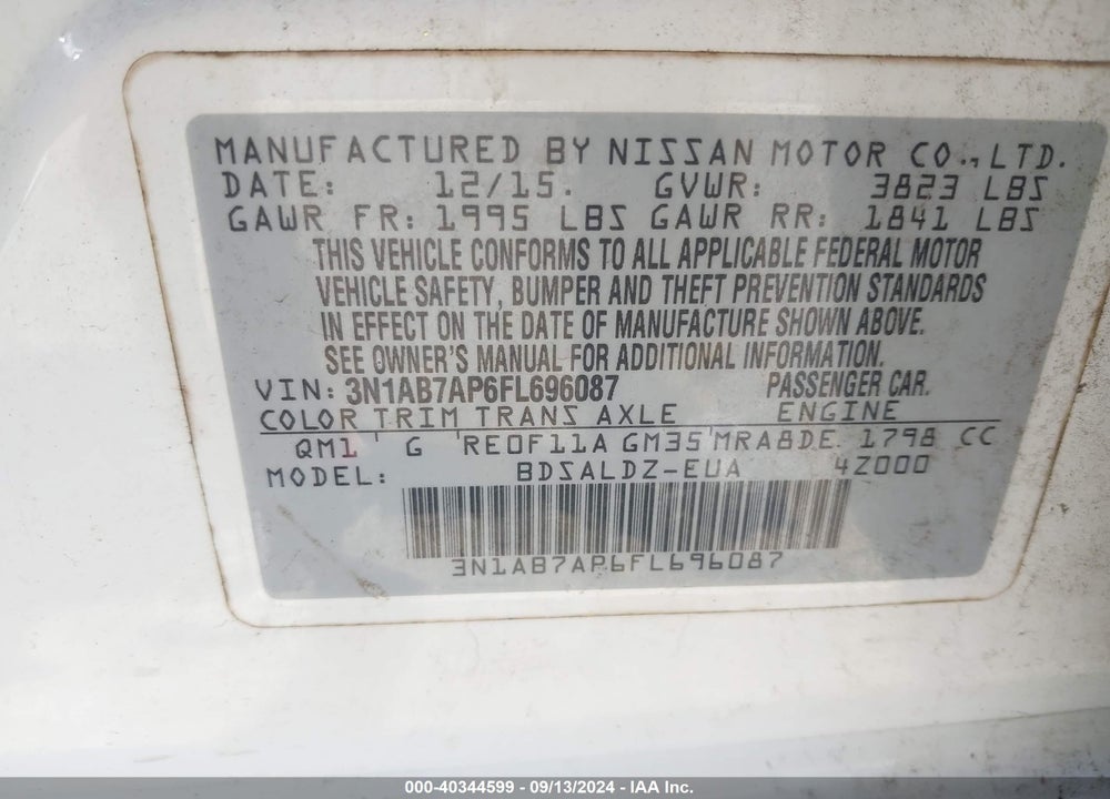 2015 NISSAN SENTRA FE+ S/S/SL/SR/SV VIN: 3N1AB7AP6FL696087