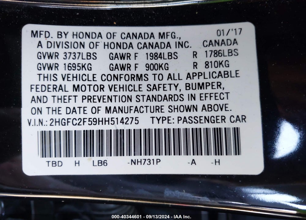 2017 HONDA CIVIC LX VIN: 2HGFC2F59HH514275