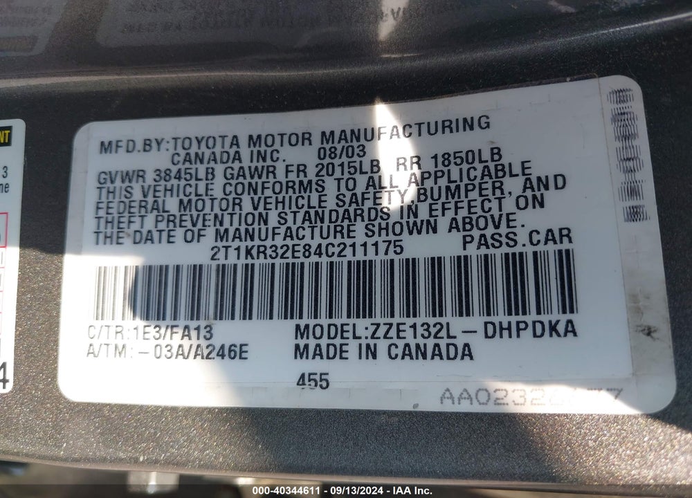 2004 TOYOTA MATRIX STANDARD VIN: 2T1KR32E84C211175