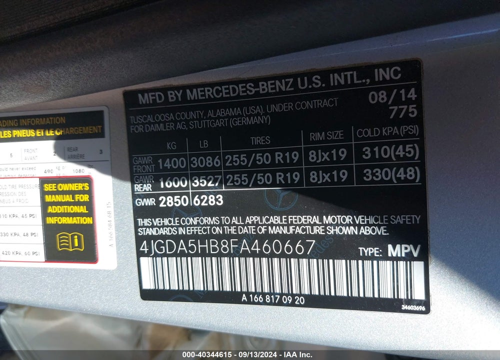 2015 MERCEDES-BENZ ML 350 4MATIC VIN: 4JGDA5HB8FA460667