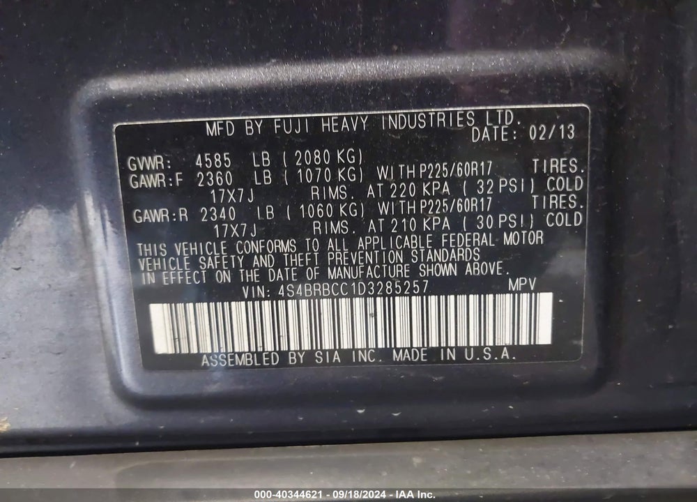 2013 SUBARU OUTBACK 2.5I PREMIUM VIN: 4S4BRBCC1D3285257