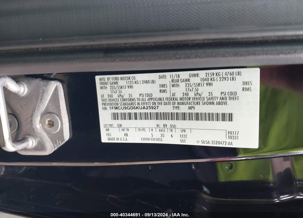2019 FORD ESCAPE SE VIN: 1FMCU9GD6KUA25927