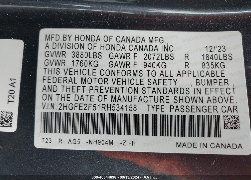 2024 HONDA CIVIC SPORT VIN: 2HGFE2F51RH534158