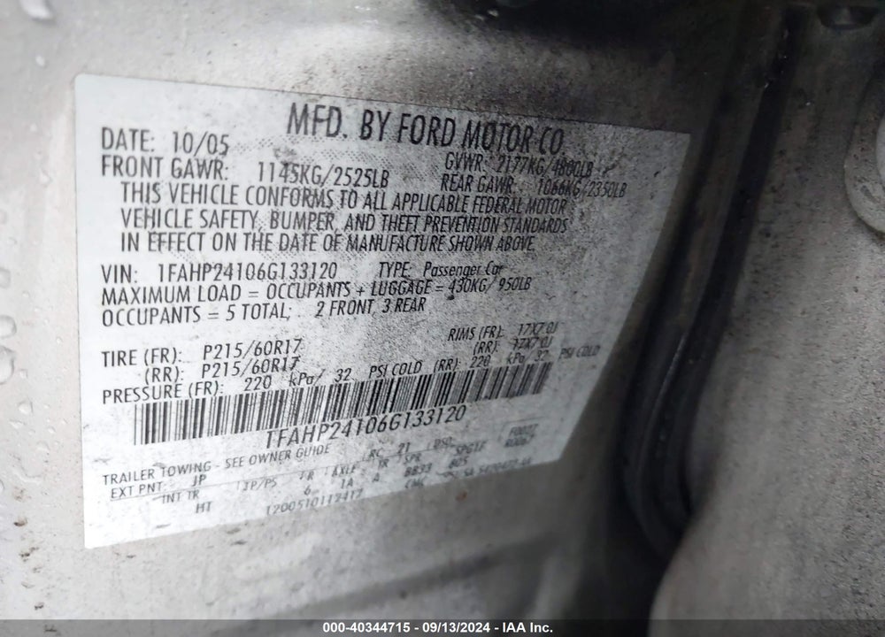 2006 FORD FIVE HUNDRED SEL VIN: 1FAHP24106G133120