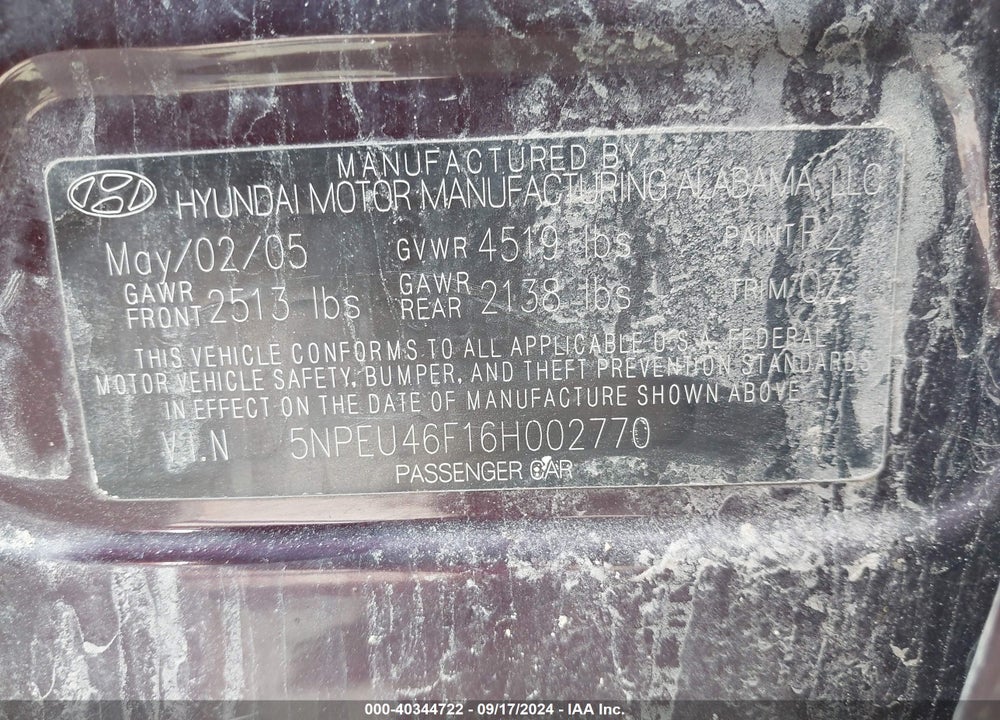 2006 HYUNDAI SONATA GLS V6/LX V6 VIN: 5NPEU46F16H002770