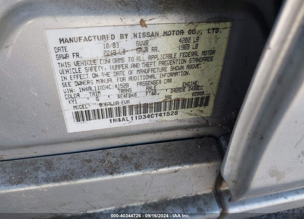 2004 NISSAN ALTIMA 2.5 S VIN: 1N4AL11D34C141528