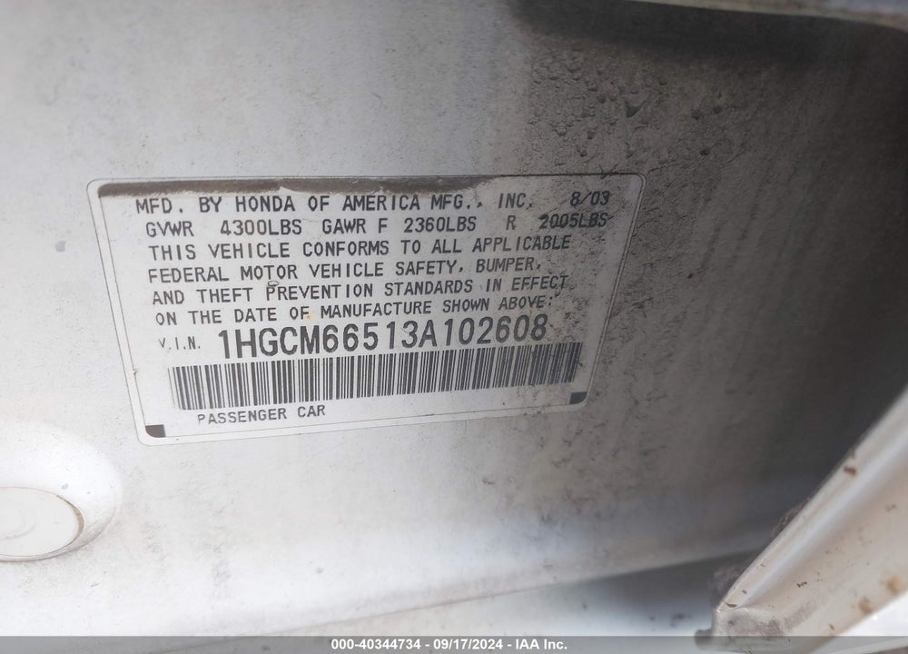 2003 HONDA ACCORD 3.0 EX VIN: 1HGCM66513A102608