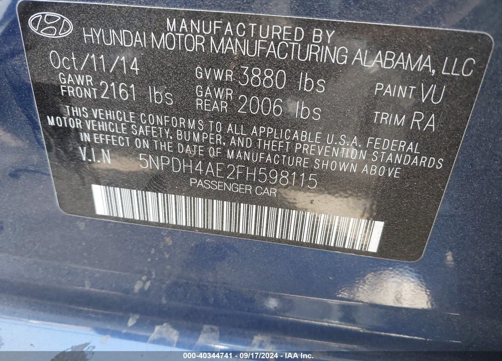 2015 HYUNDAI ELANTRA SE VIN: 5NPDH4AE2FH598115