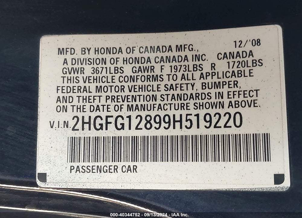 2009 HONDA CIVIC EX VIN: 2HGFG12899H519220