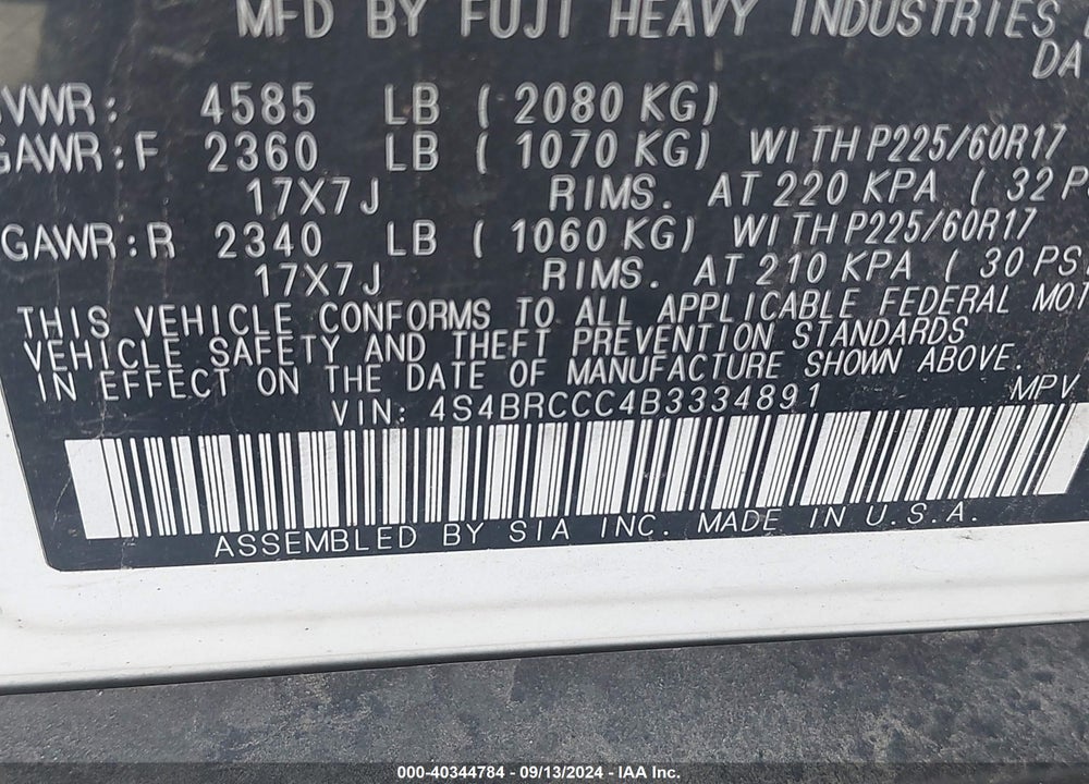 2011 SUBARU OUTBACK 2.5I PREMIUM VIN: 4S4BRCCC4B3334891
