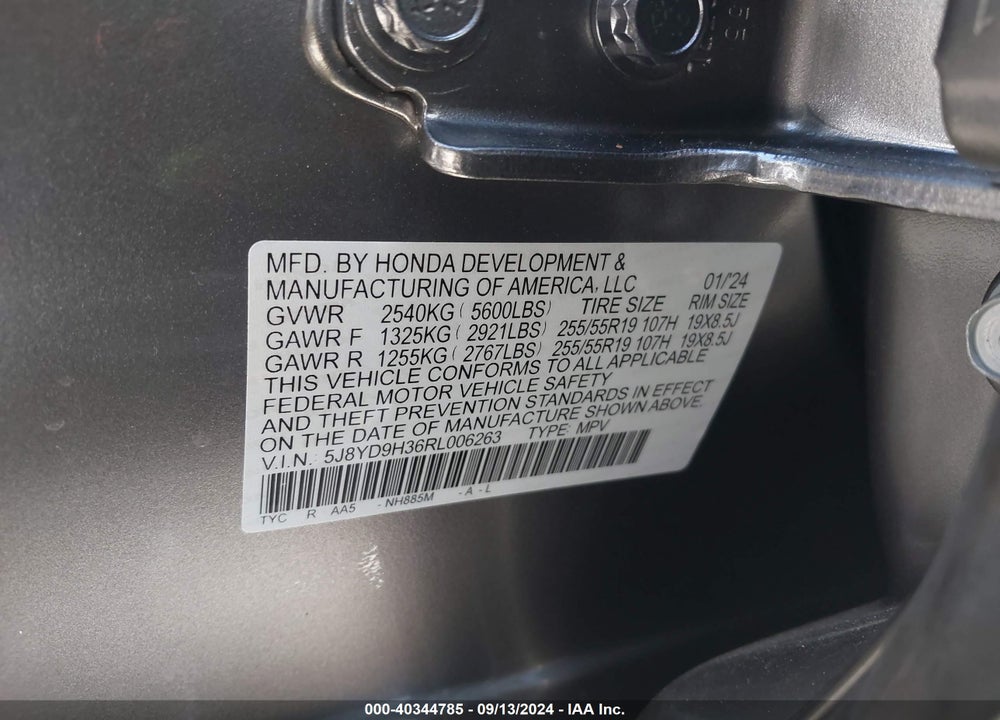2024 ACURA MDX STANDARD VIN: 5J8YD9H36RL006263