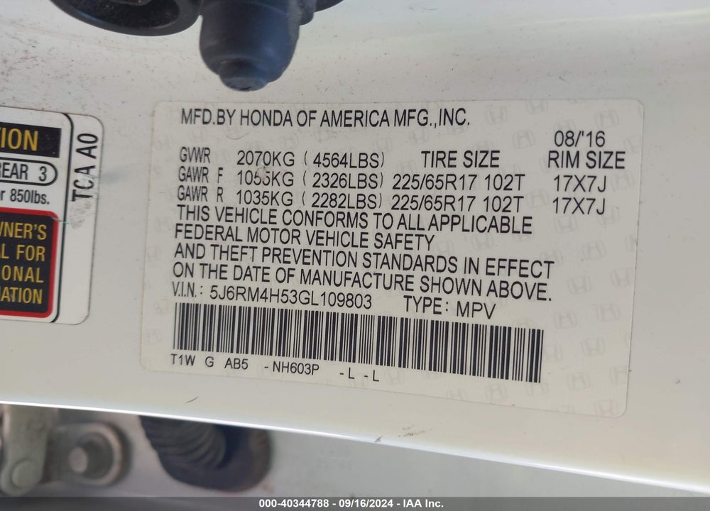 2016 HONDA CR-V EX VIN: 5J6RM4H53GL109803