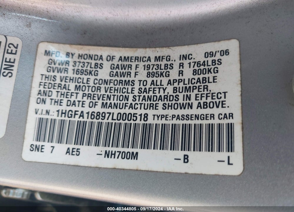 2007 HONDA CIVIC EX VIN: 1HGFA16897L000518