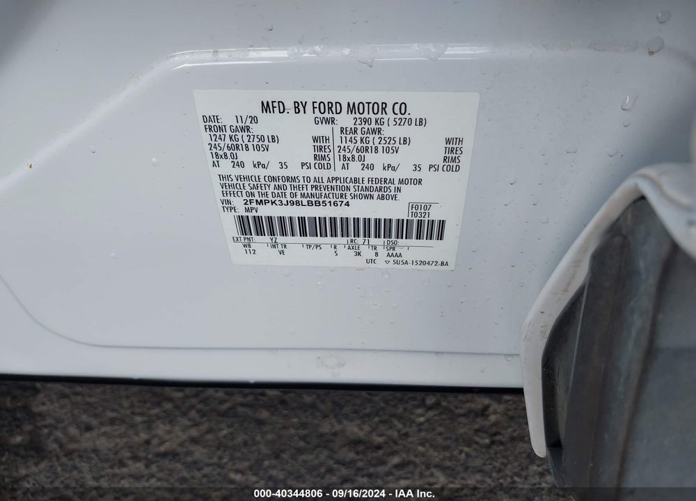 2020 FORD EDGE SEL VIN: 2FMPK3J98LBB51674