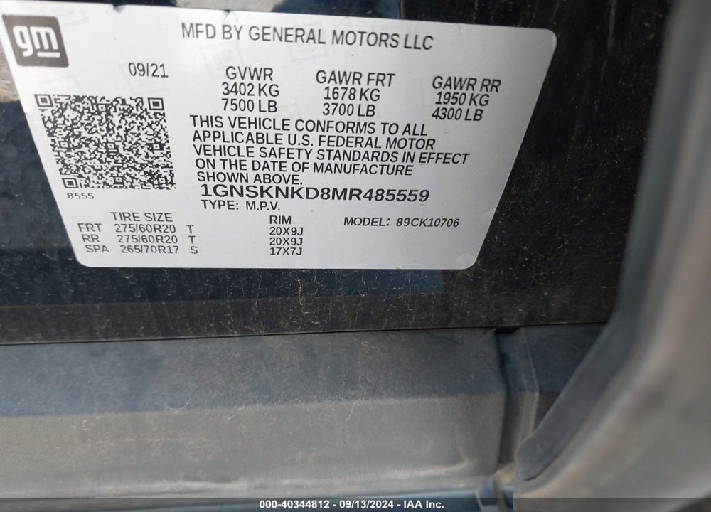 2021 CHEVROLET TAHOE 4WD LT VIN: 1GNSKNKD8MR485559