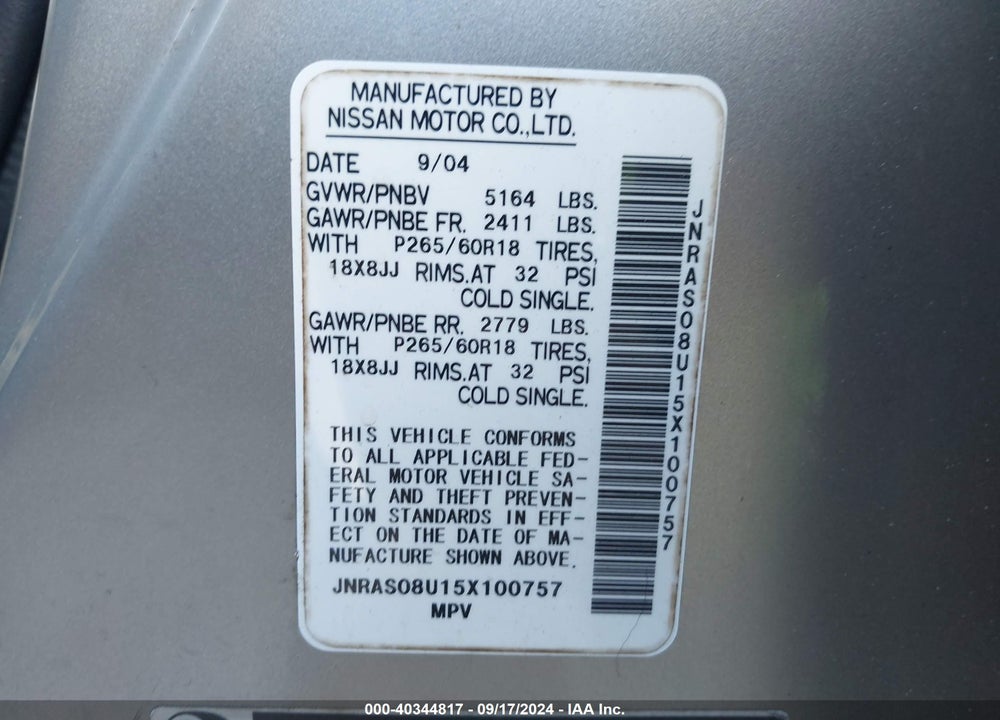 2005 INFINITI FX35 VIN: JNRAS08U15X100757