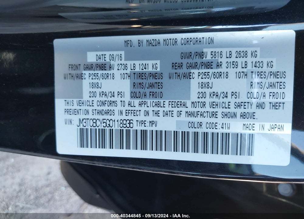 2016 MAZDA CX-9 TOURING VIN: JM3TCBCY5G0118936