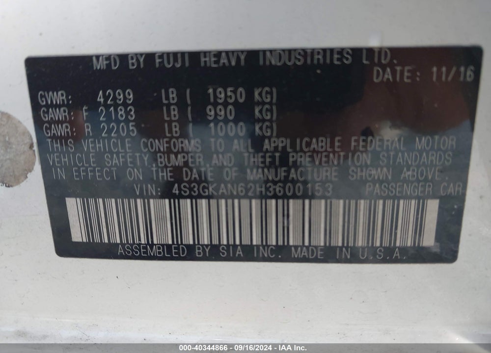 2017 SUBARU IMPREZA 2.0I LIMITED VIN: 4S3GKAN62H3600153