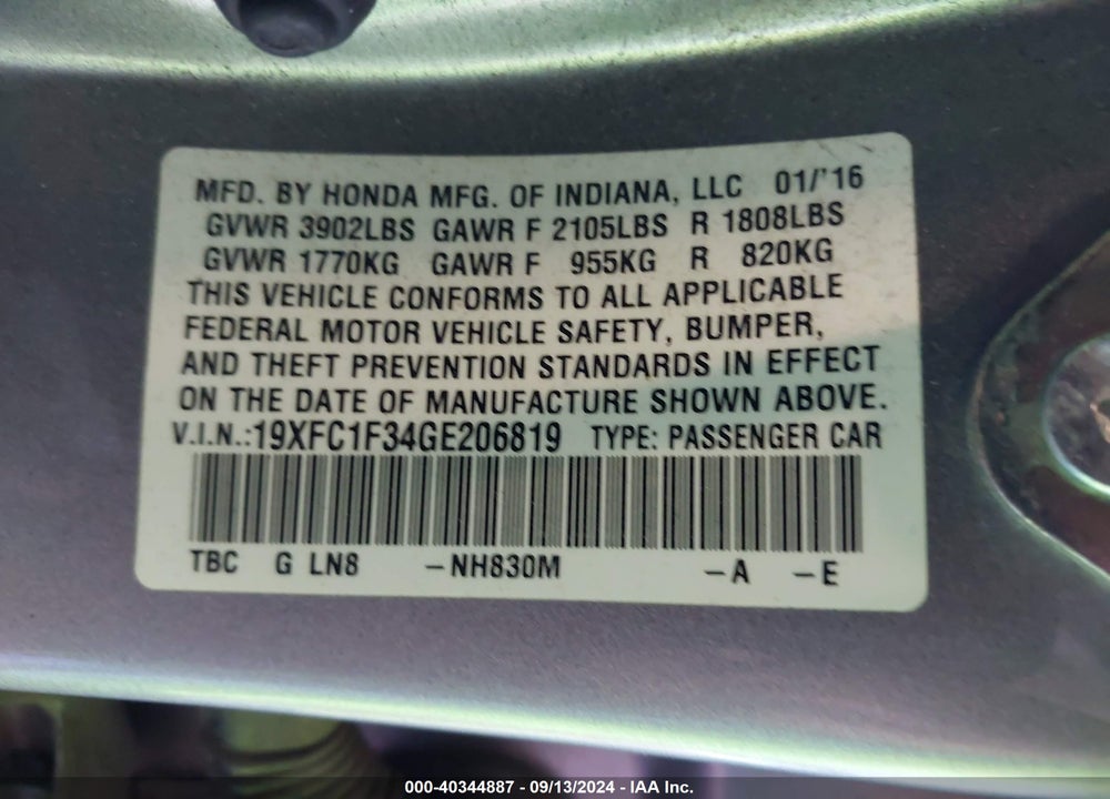2016 HONDA CIVIC EX-T VIN: 19XFC1F34GE206819