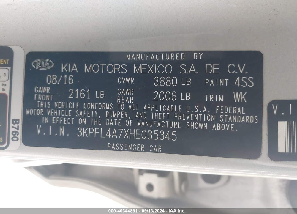 2017 KIA FORTE LX VIN: 3KPFL4A7XHE035345