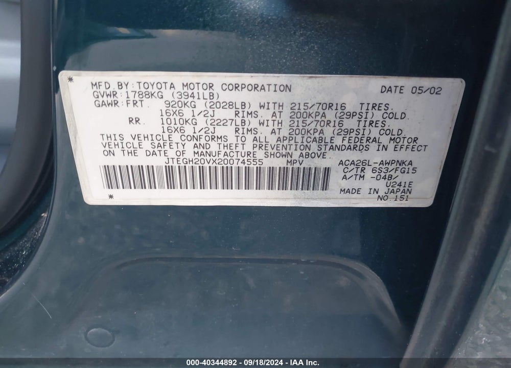 2002 TOYOTA RAV4 VIN: JTEGH20VX20074555