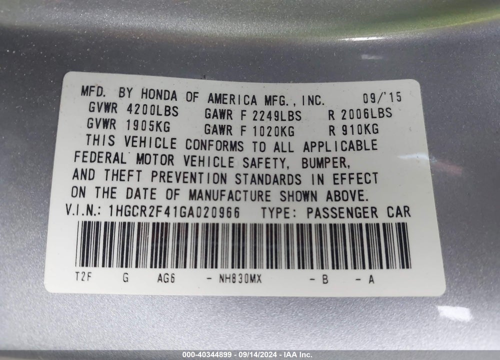 2016 HONDA ACCORD LX VIN: 1HGCR2F41GA020966