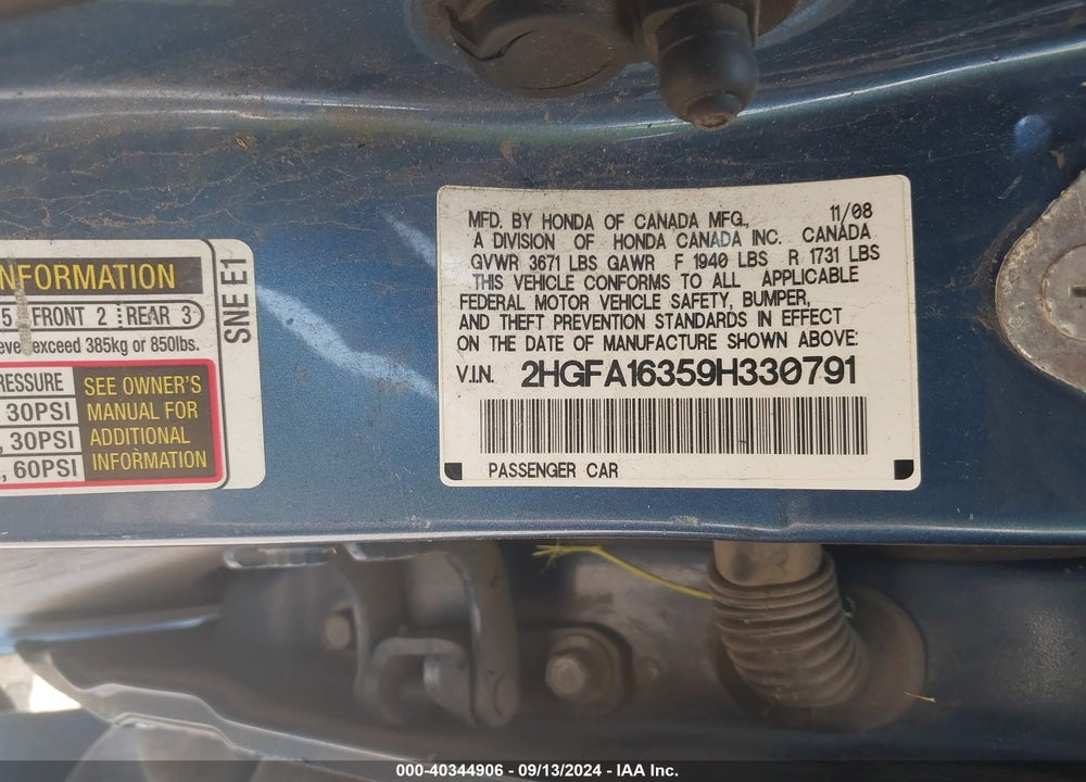 2009 HONDA CIVIC VP VIN: 2HGFA16359H330791