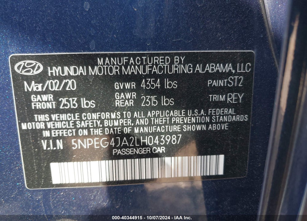 2020 HYUNDAI SONATA SE VIN: 5NPEG4JA2LH043987