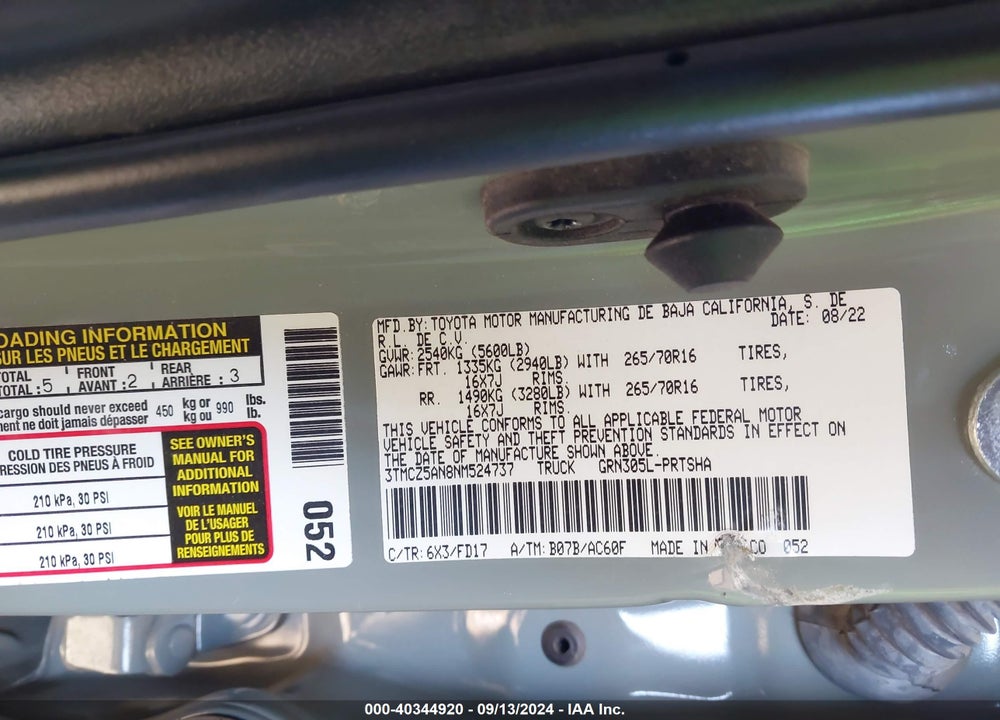 2022 TOYOTA TACOMA TRD OFF ROAD VIN: 3TMCZ5AN8NM524737