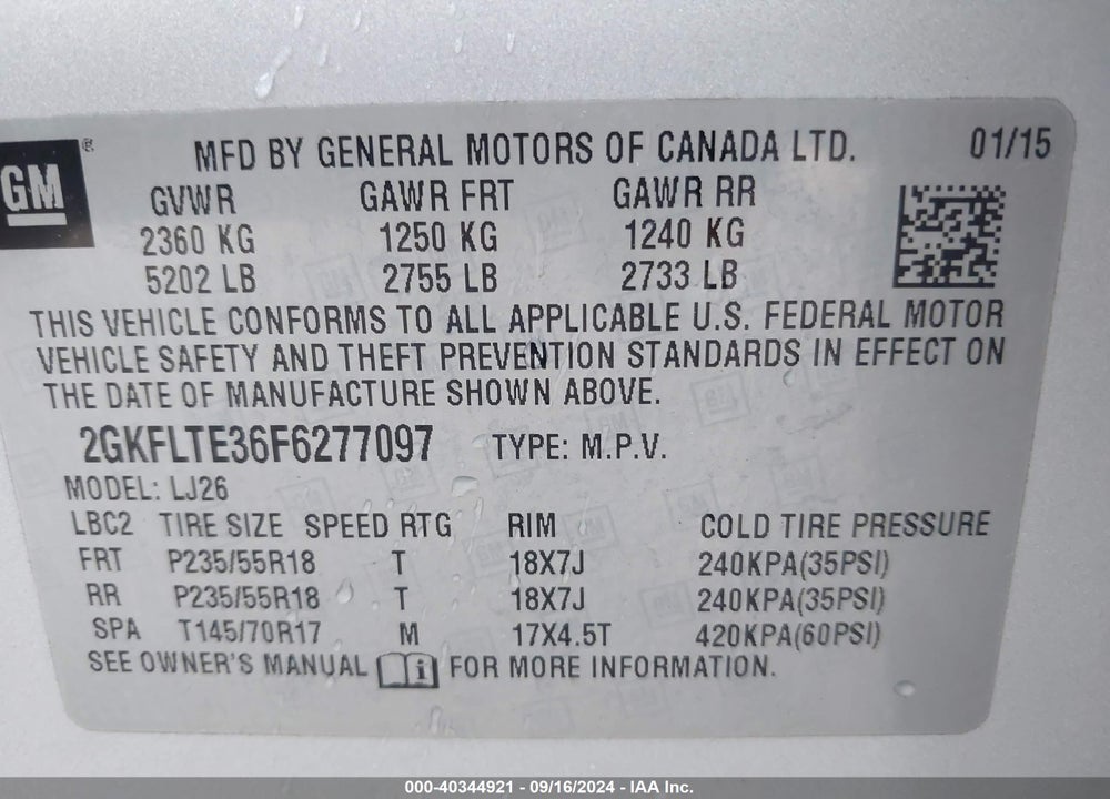 2015 GMC TERRAIN SLT-2 VIN: 2GKFLTE36F6277097