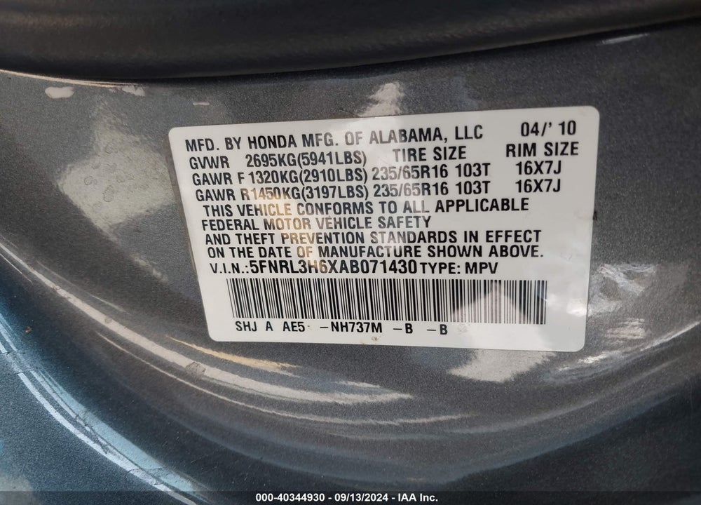 2010 HONDA ODYSSEY EX-L VIN: 5FNRL3H6XAB071430