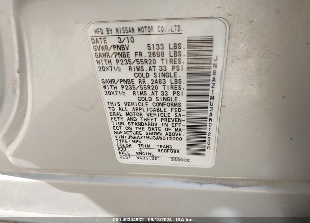 2010 NISSAN MURANO LE VIN: JN8AZ1MU3AW012000