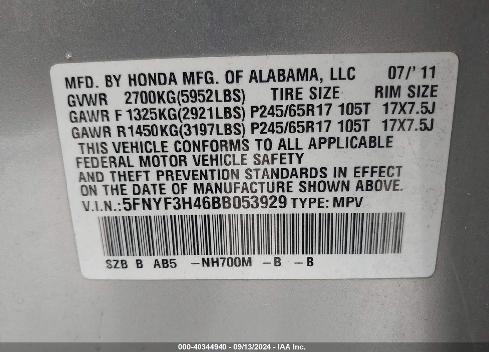 2011 HONDA PILOT EX VIN: 5FNYF3H46BB053929