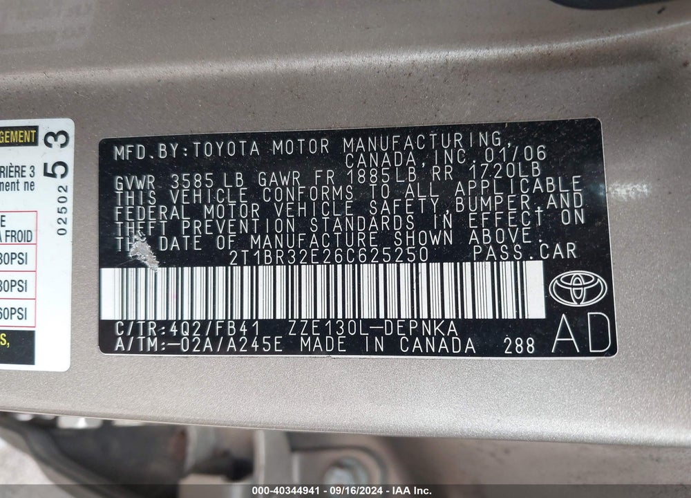 2006 TOYOTA COROLLA LE VIN: 2T1BR32E26C625250