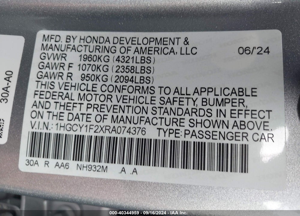 2024 HONDA ACCORD LX VIN: 1HGCY1F2XRA074376