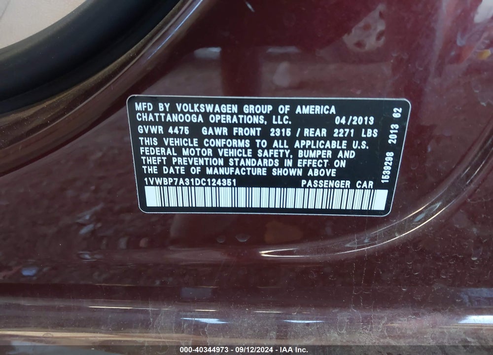 2013 VOLKSWAGEN PASSAT 2.5L SE VIN: 1VWBP7A31DC124351