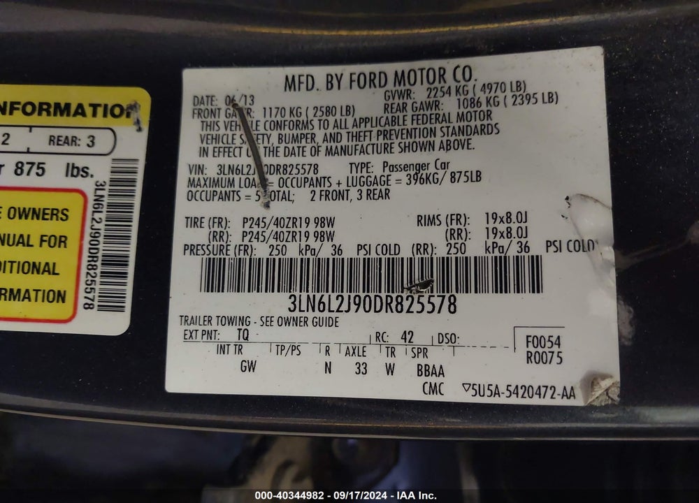 2013 LINCOLN MKZ VIN: 3LN6L2J90DR825578
