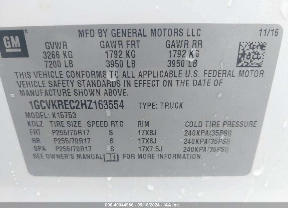 2017 CHEVROLET SILVERADO 1500 1LT VIN: 1GCVKREC2HZ163554