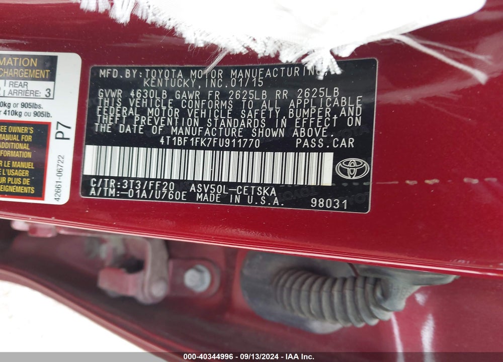 2015 TOYOTA CAMRY SE VIN: 4T1BF1FK7FU911770