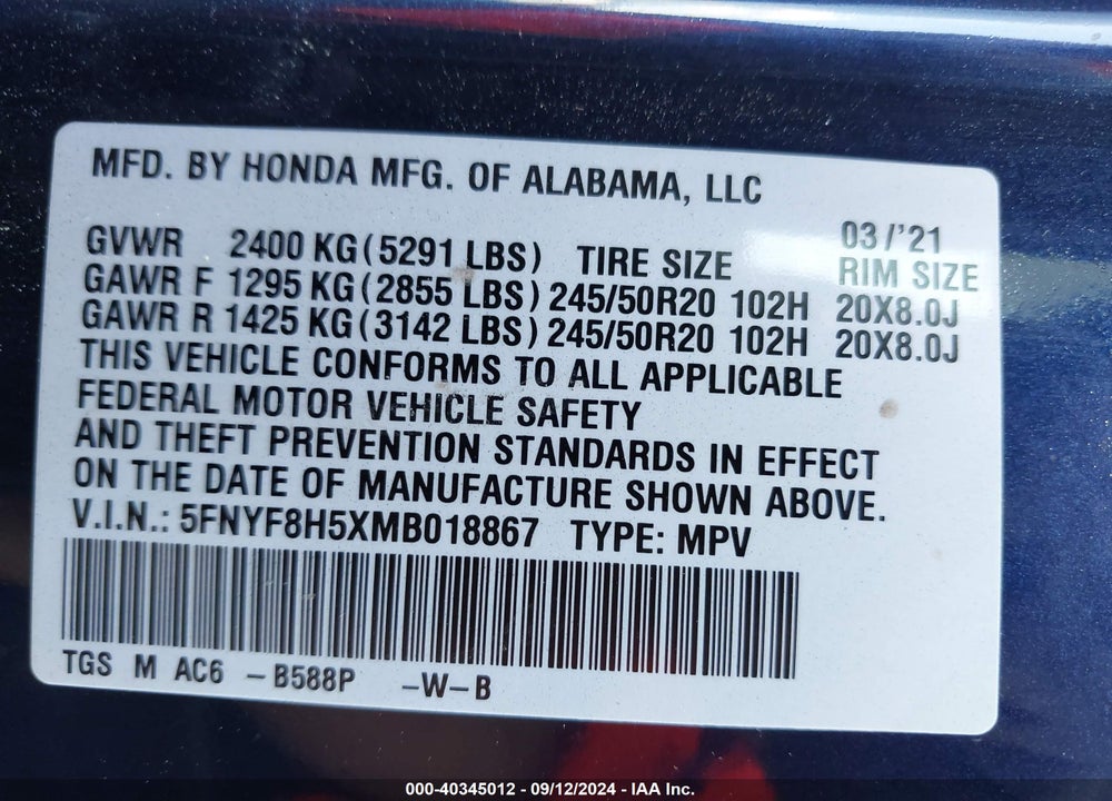2021 HONDA PASSPORT AWD EX-L VIN: 5FNYF8H5XMB018867