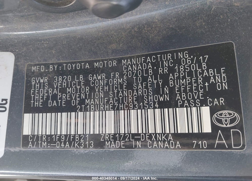 2017 TOYOTA COROLLA LE VIN: 2T1BURHE7HC931534