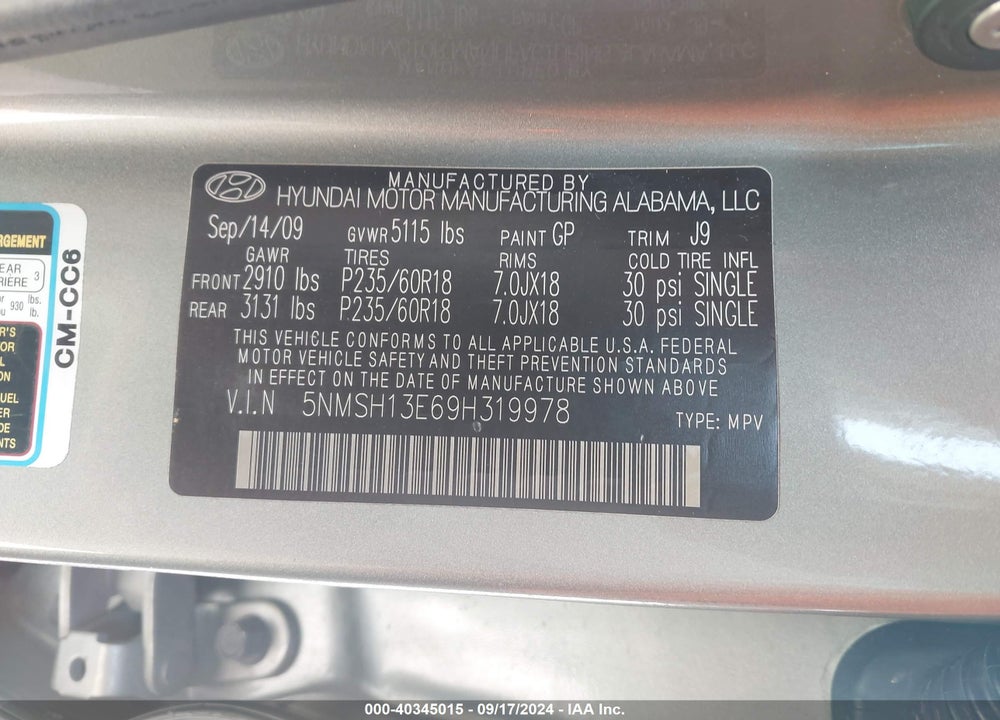 2009 HYUNDAI SANTA FE LIMITED VIN: 5NMSH13E69H319978