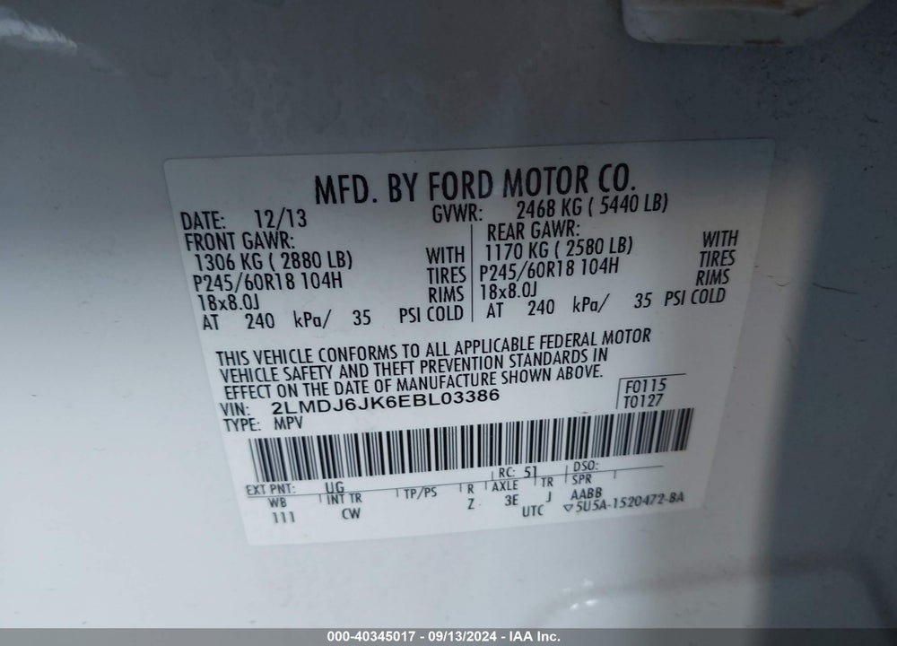 2014 LINCOLN MKX VIN: 2LMDJ6JK6EBL03386